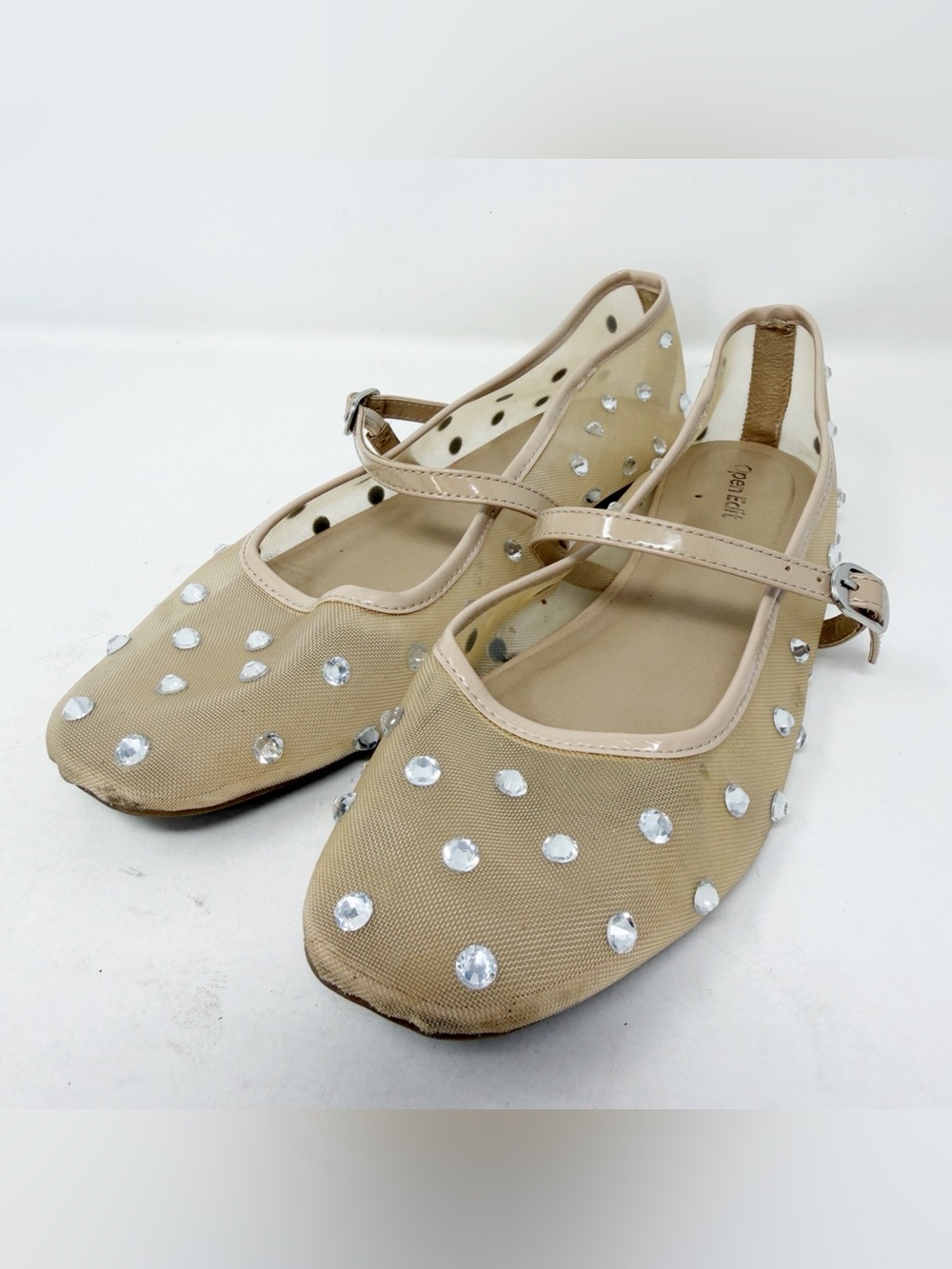 Open Edit Desi Mary Jane Flats Nude Mesh Rhinestone Ballet Shoes Womens Size 9
